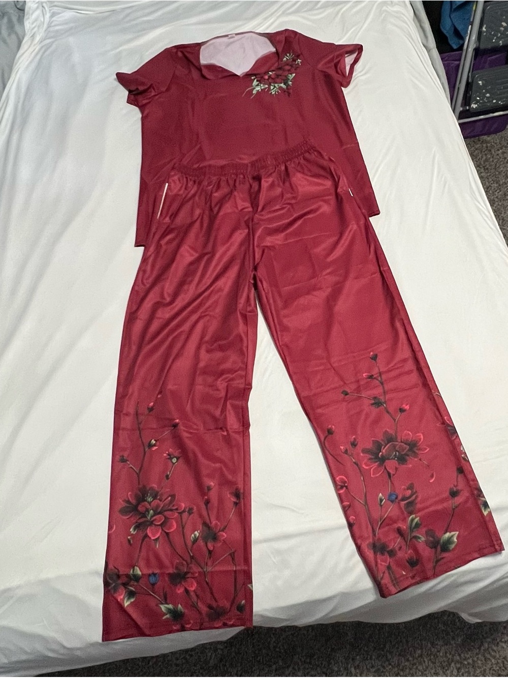 Women's Red Floral Wide-Leg Pants & Top Set